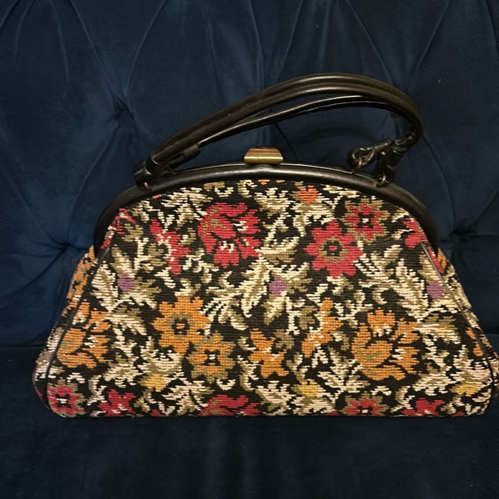 Vintage 1950s Needlepoint Handbag. 50s Black Floral Needlepoint Purse